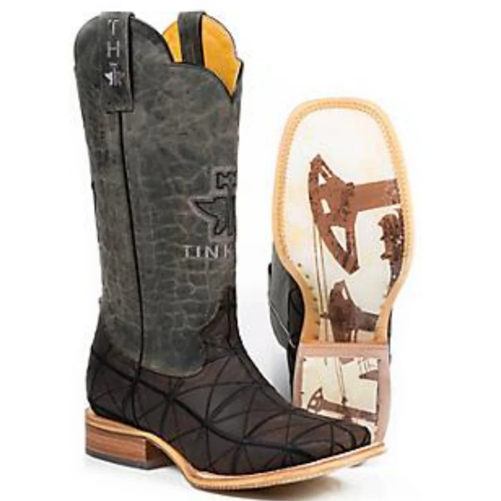 TIN HAUL "Derrick" Brown & black charcoal leather square toe cowboy boots sz 8EE - Picture 2 of 12